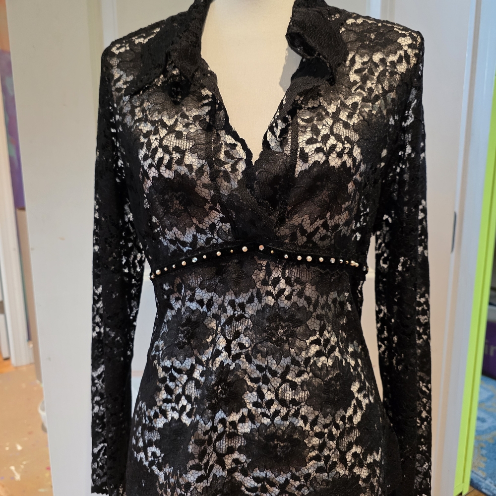 Elegant Black Lace Split Neck Blouse MODA International Vintage